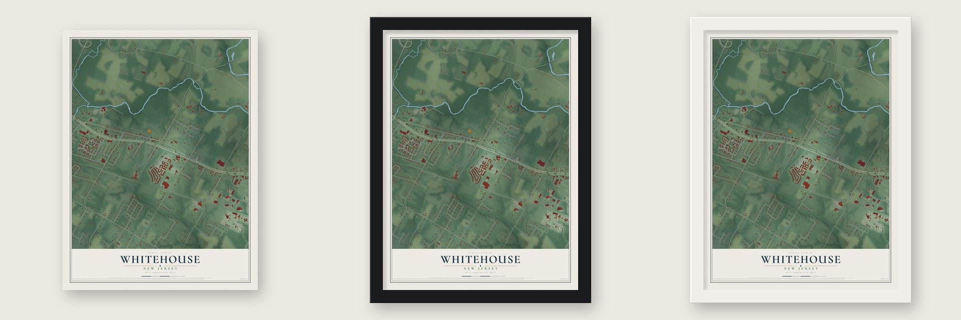 Whitehouse, New Jersey map unframed, in a black wood frame and in a white wood frame