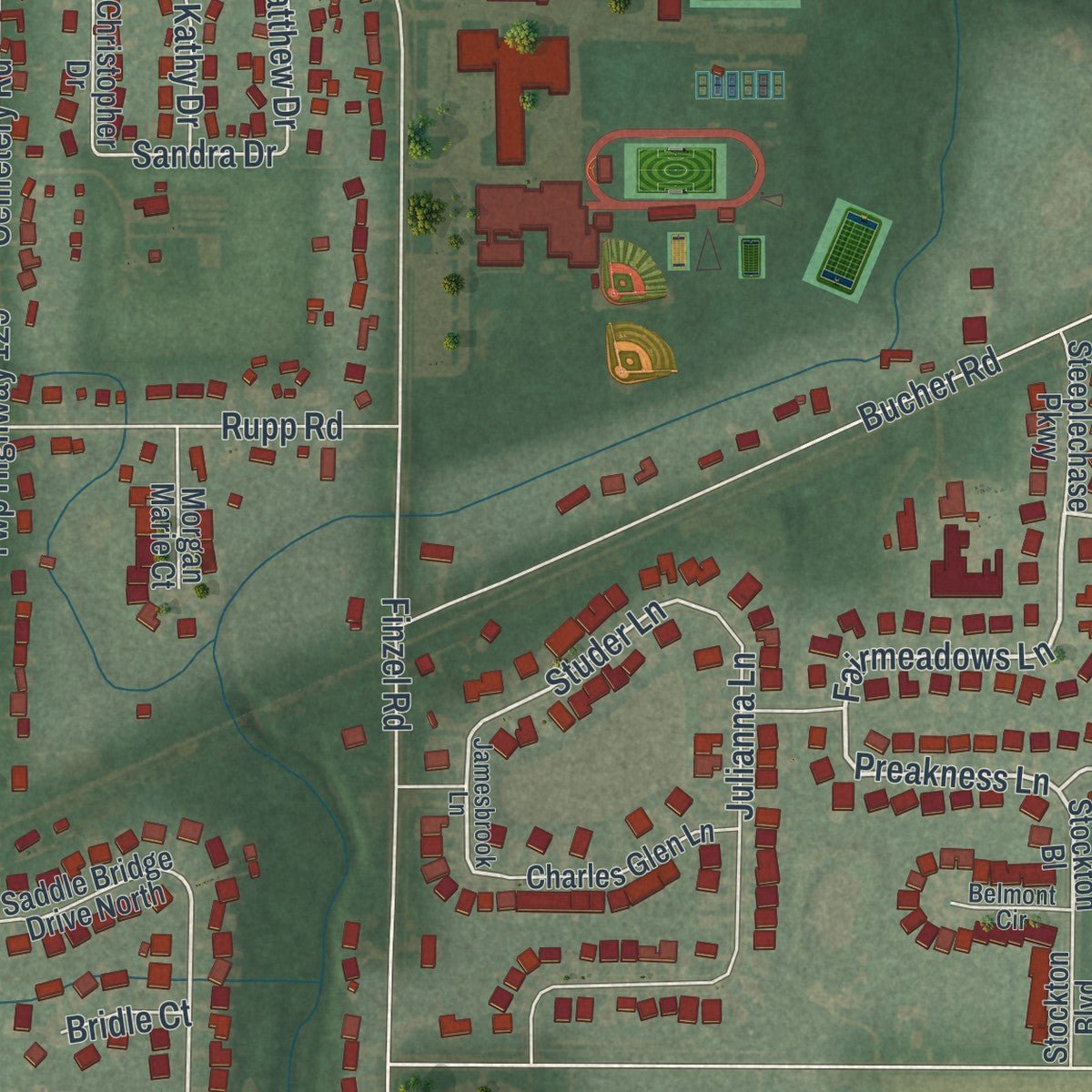Second close-up of the map of Whitehouse, Ohio print showing more streets and buildings