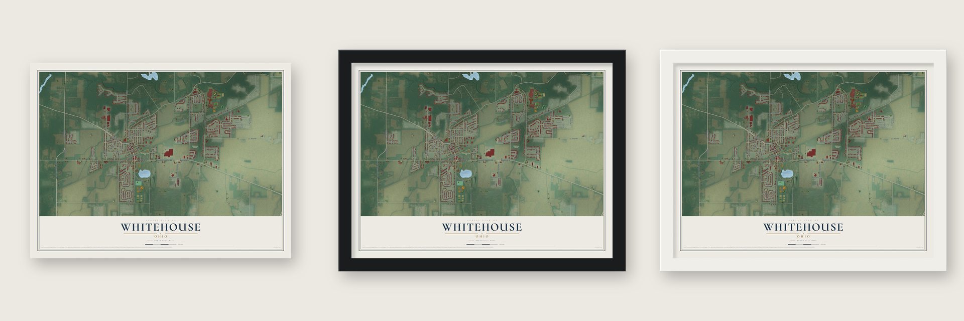 Whitehouse, Ohio map unframed, in a black wood frame and in a white wood frame