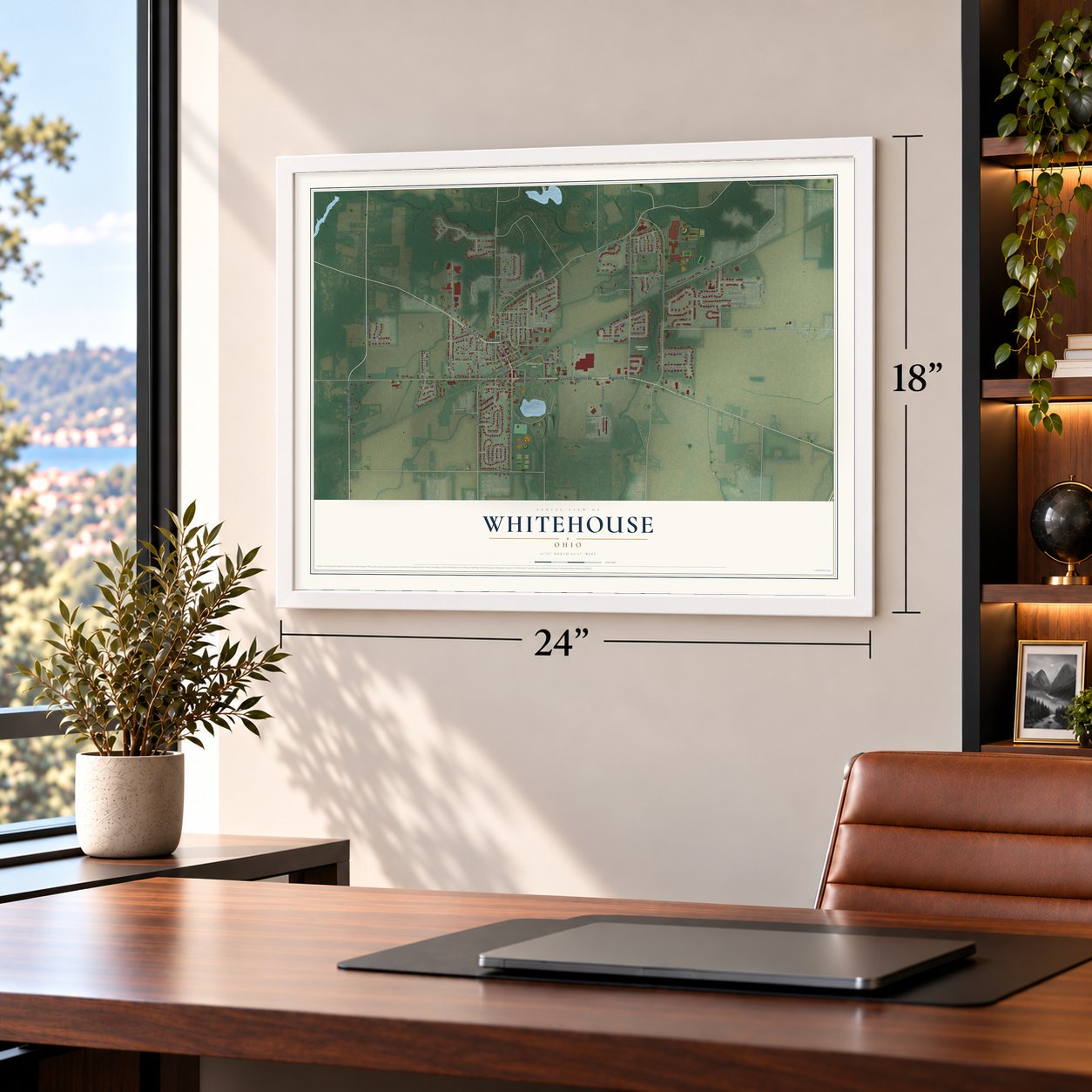 Whitehouse, Ohio map, 18 x 24 inch print in a white frame in a home office