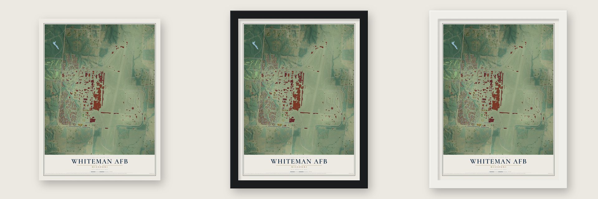 Whiteman AFB, Missouri map unframed, in a black wood frame and in a white wood frame