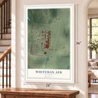 Whiteman AFB, Missouri map, 24 x 36 inch print in a white frame by a staircase