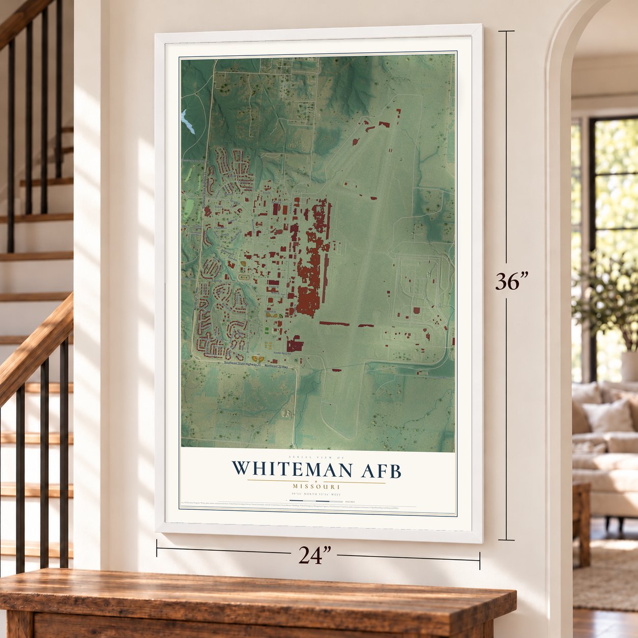 Whiteman AFB, Missouri map, 24 x 36 inch print in a white frame by a staircase