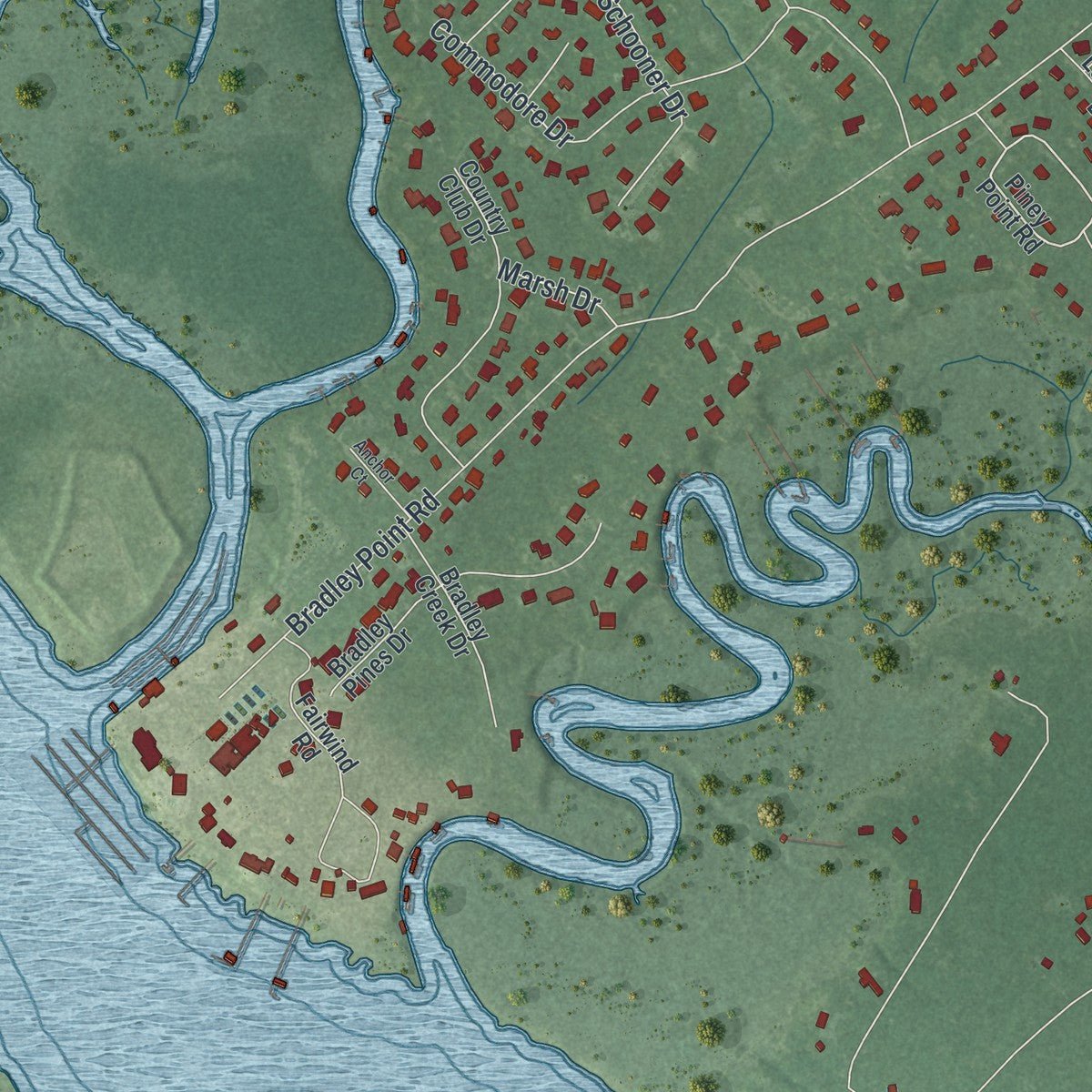 Second close-up of the map of Whitemarsh Island, Georgia print showing more streets and buildings
