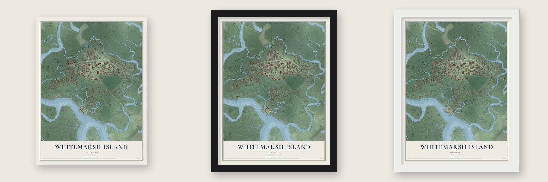 Whitemarsh Island, Georgia map unframed, in a black wood frame and in a white wood frame