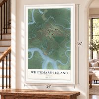 Whitemarsh Island, Georgia map, 24 x 36 inch print in a white frame by a staircase