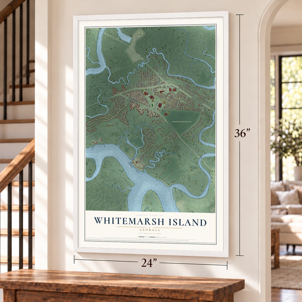 Whitemarsh Island, Georgia map, 24 x 36 inch print in a white frame by a staircase