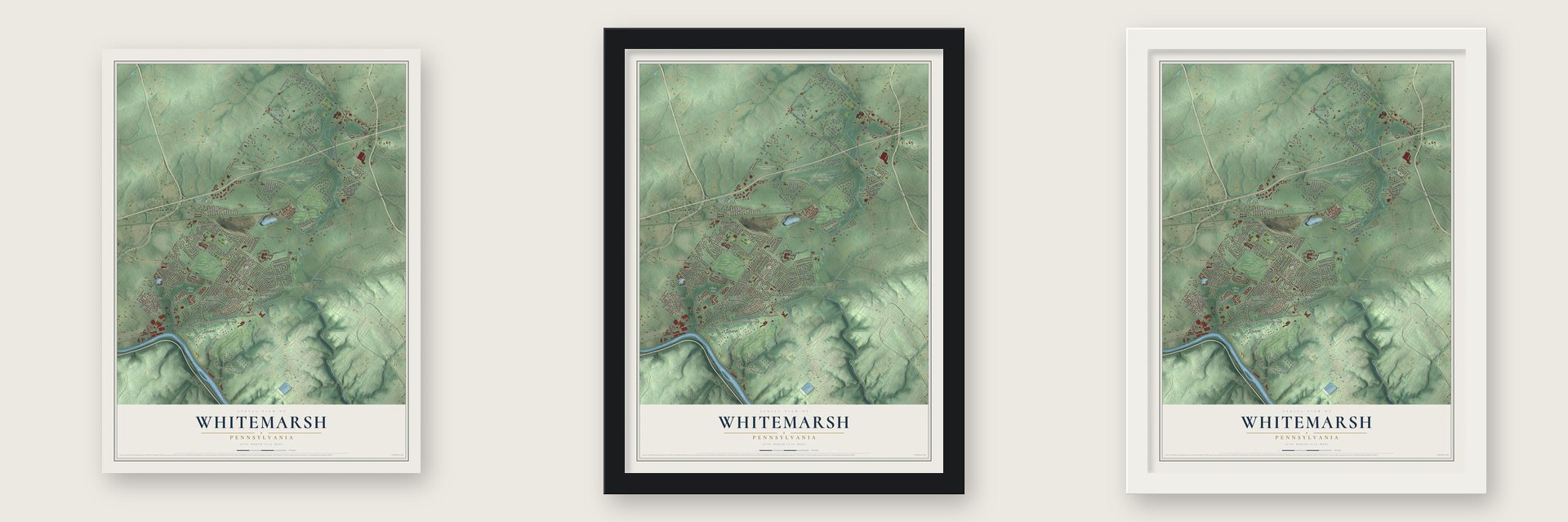 Whitemarsh, Pennsylvania map unframed, in a black wood frame and in a white wood frame