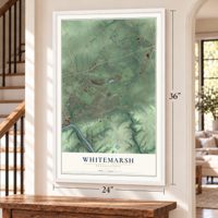 Whitemarsh, Pennsylvania map, 24 x 36 inch print in a white frame by a staircase