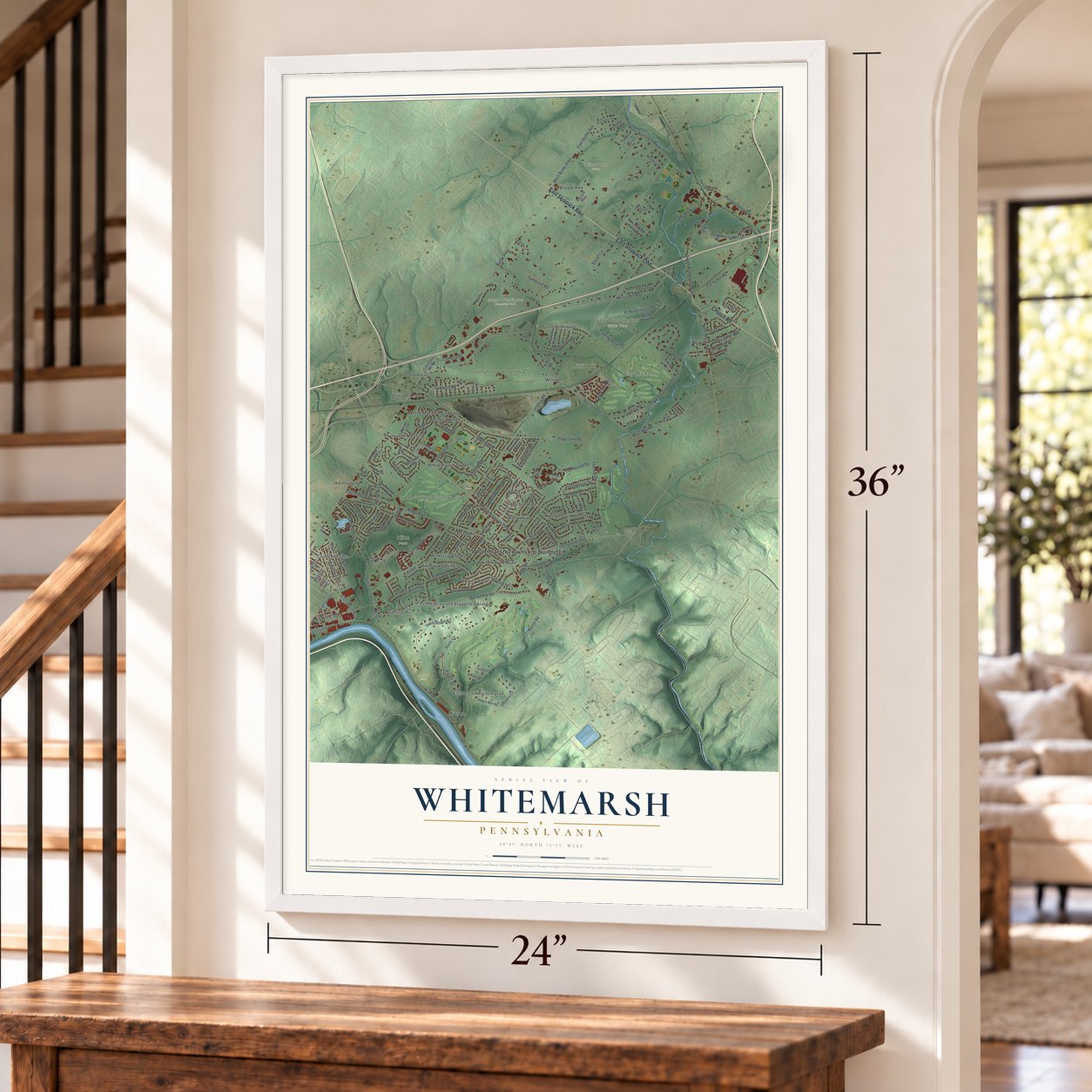 Whitemarsh, Pennsylvania map, 24 x 36 inch print in a white frame by a staircase