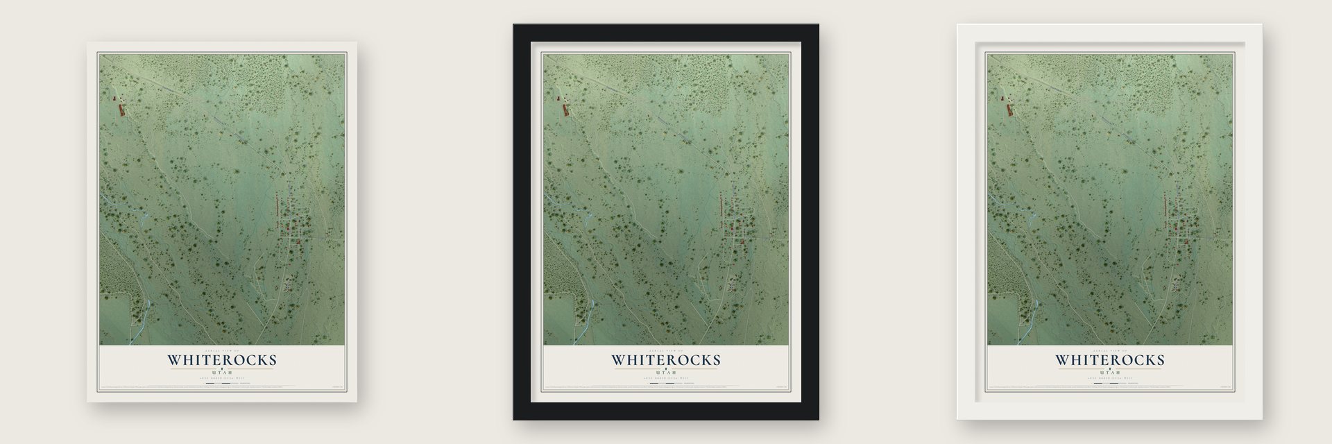 Whiterocks, Utah map unframed, in a black wood frame and in a white wood frame
