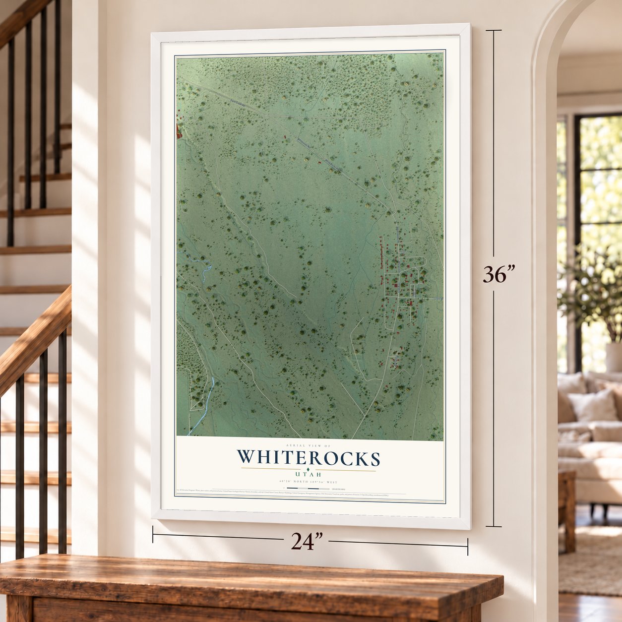Whiterocks, Utah map, 24 x 36 inch print in a white frame by a staircase