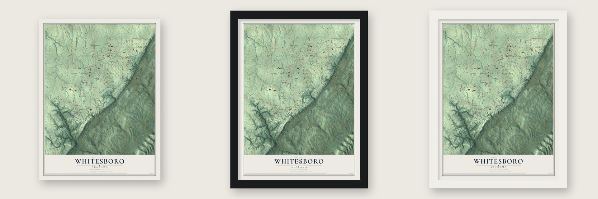 Whitesboro, Alabama map unframed, in a black wood frame and in a white wood frame
