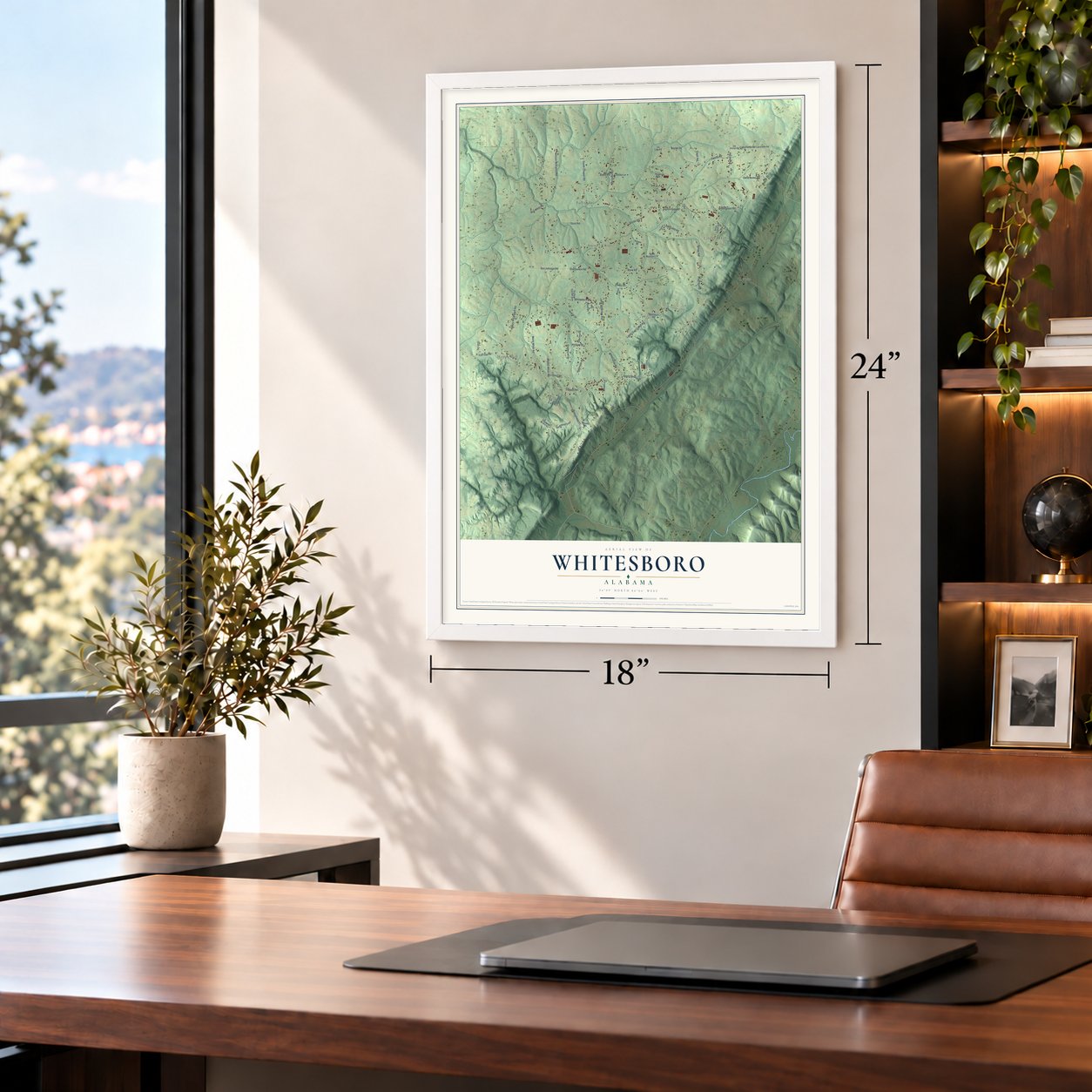 Whitesboro, Alabama map, 18 x 24 inch print in a white frame in a home office