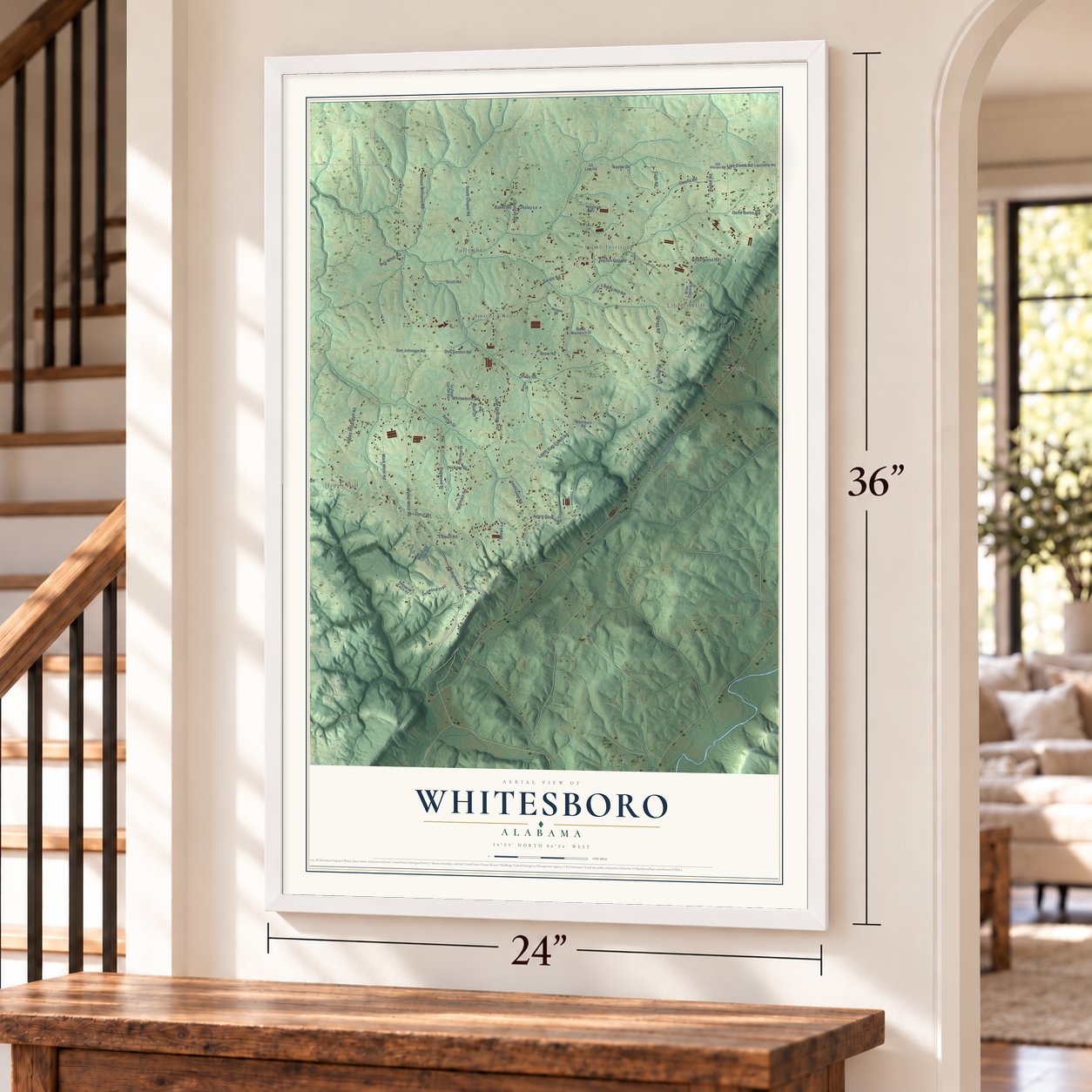Whitesboro, Alabama map, 24 x 36 inch print in a white frame by a staircase