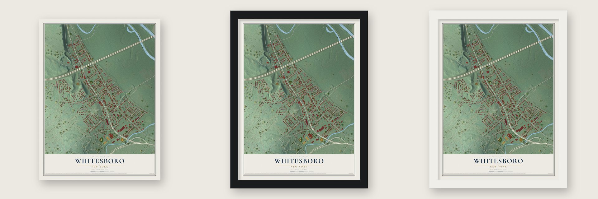 Whitesboro, New York map unframed, in a black wood frame and in a white wood frame