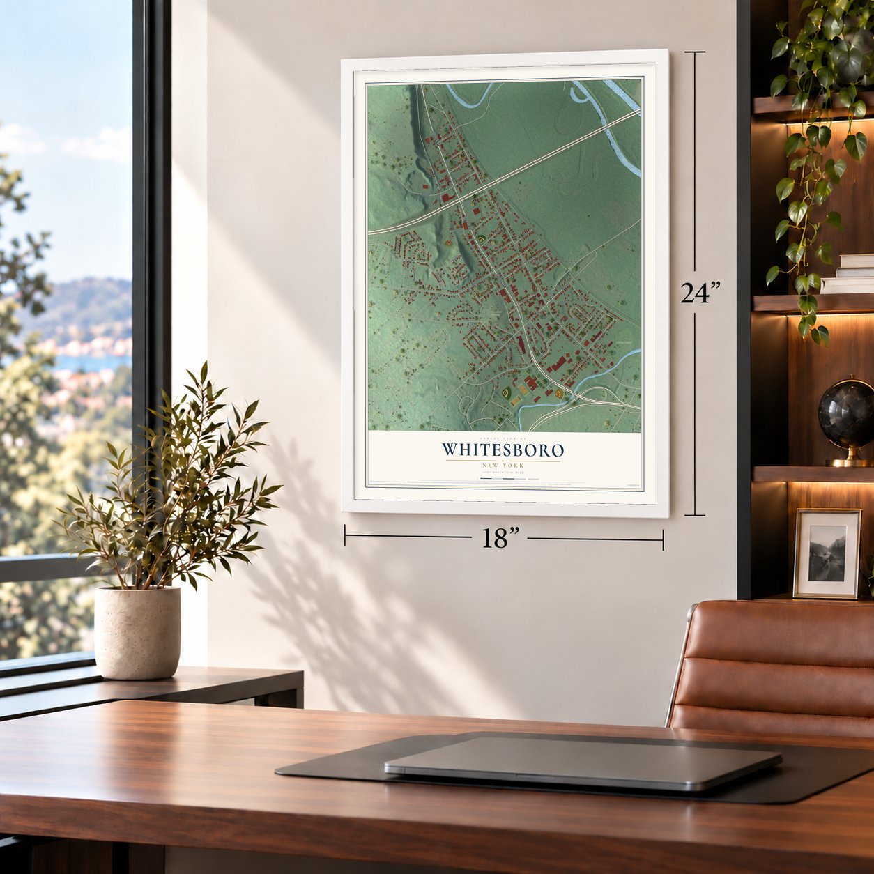 Whitesboro, New York map, 18 x 24 inch print in a white frame in a home office