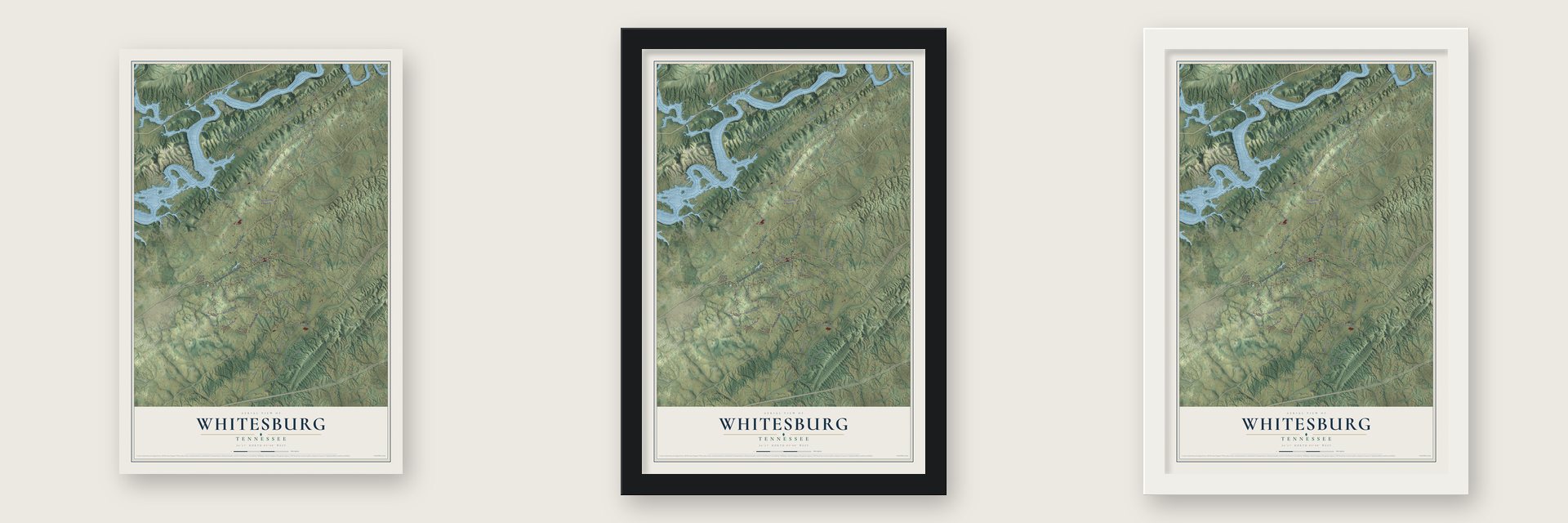 Whitesburg, Tennessee map unframed, in a black wood frame and in a white wood frame