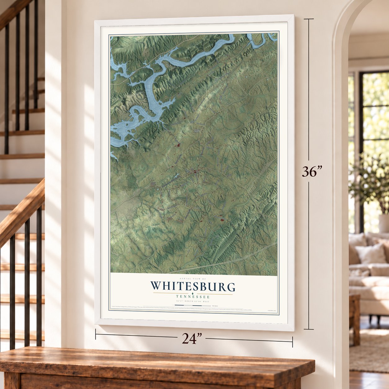 Whitesburg, Tennessee map, 24 x 36 inch print in a white frame by a staircase