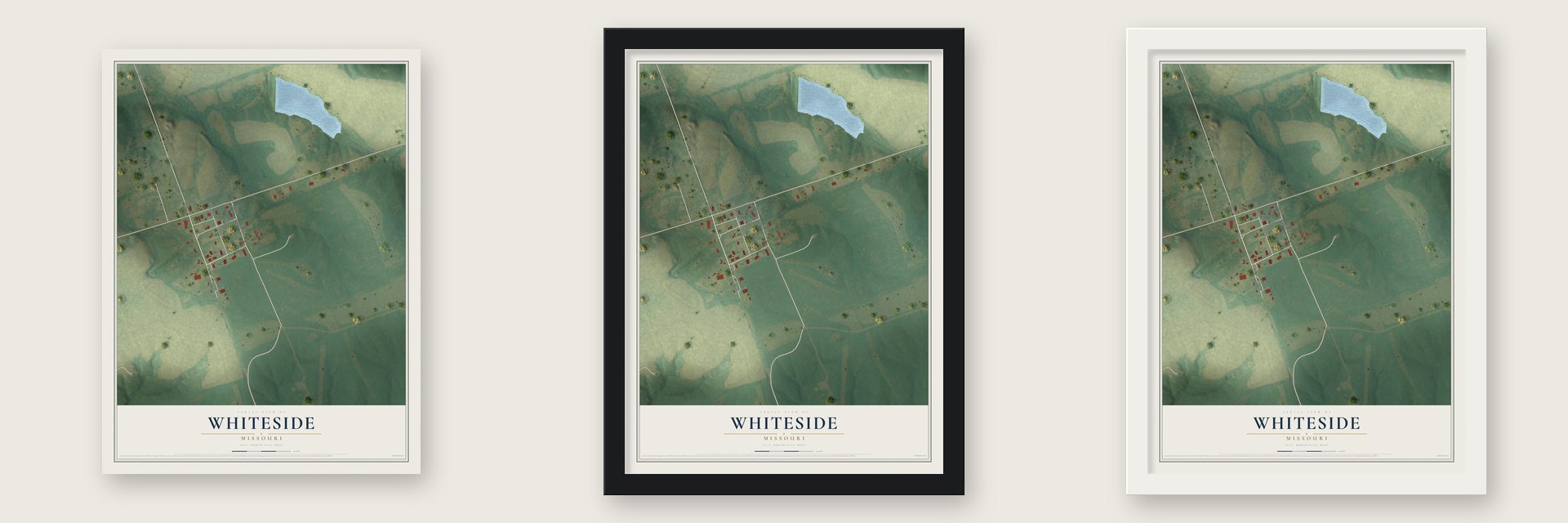Whiteside, Missouri map unframed, in a black wood frame and in a white wood frame