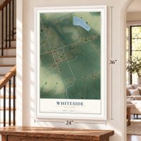 Whiteside, Missouri map, 24 x 36 inch print in a white frame by a staircase
