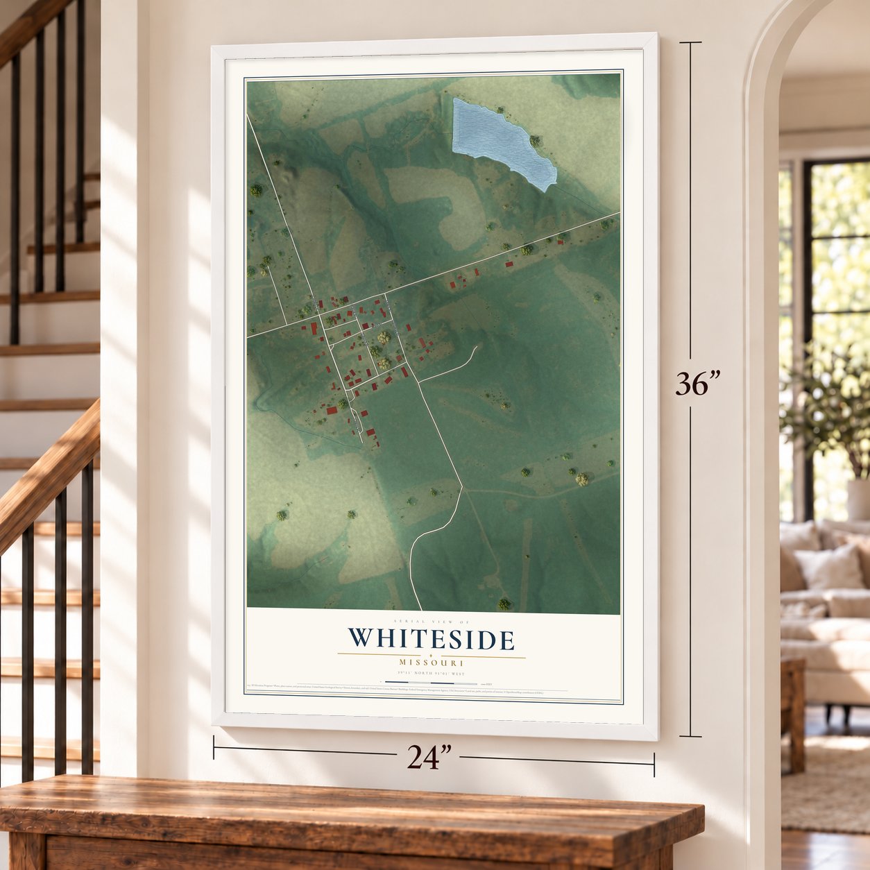 Whiteside, Missouri map, 24 x 36 inch print in a white frame by a staircase