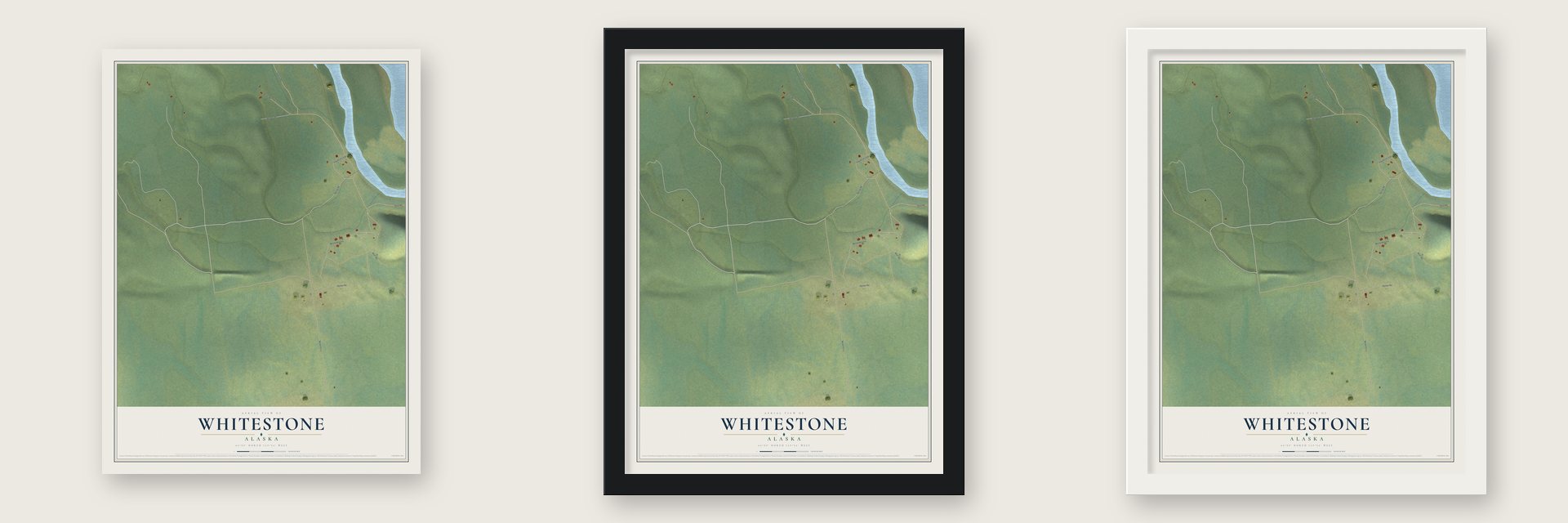 Whitestone, Alaska map unframed, in a black wood frame and in a white wood frame