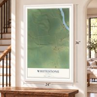 Whitestone, Alaska map, 24 x 36 inch print in a white frame by a staircase