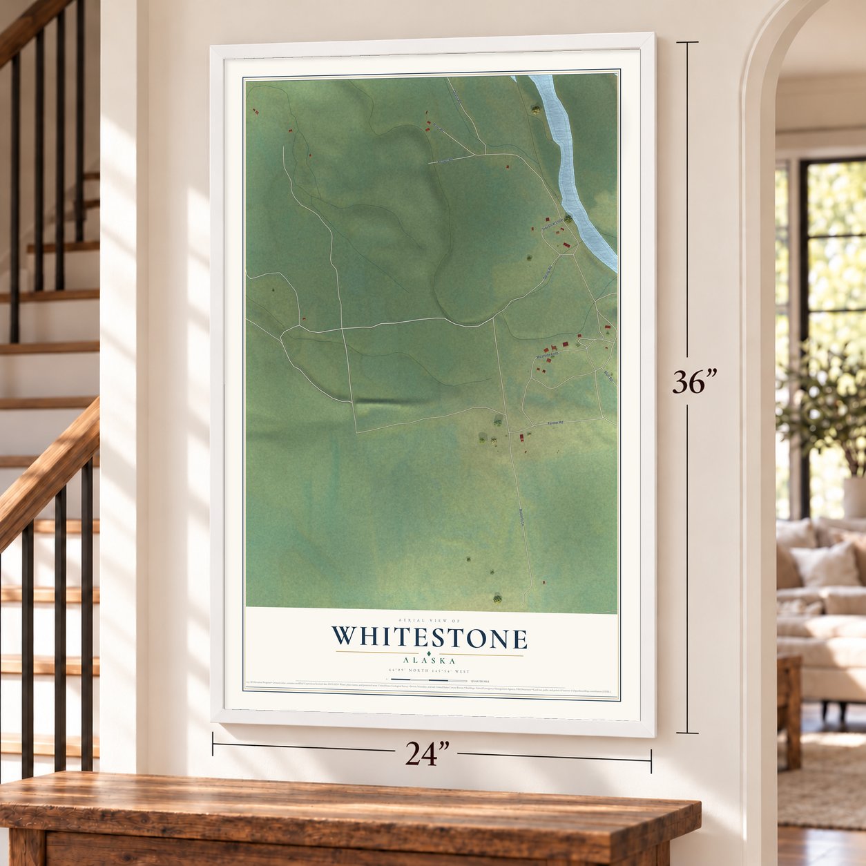 Whitestone, Alaska map, 24 x 36 inch print in a white frame by a staircase