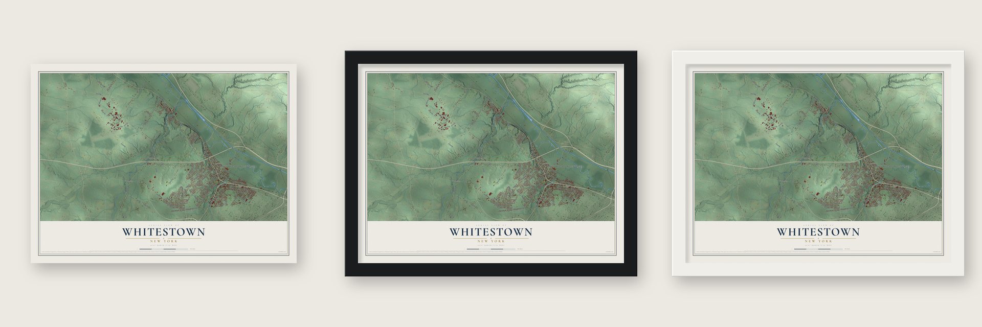 Whitestown, New York map unframed, in a black wood frame and in a white wood frame