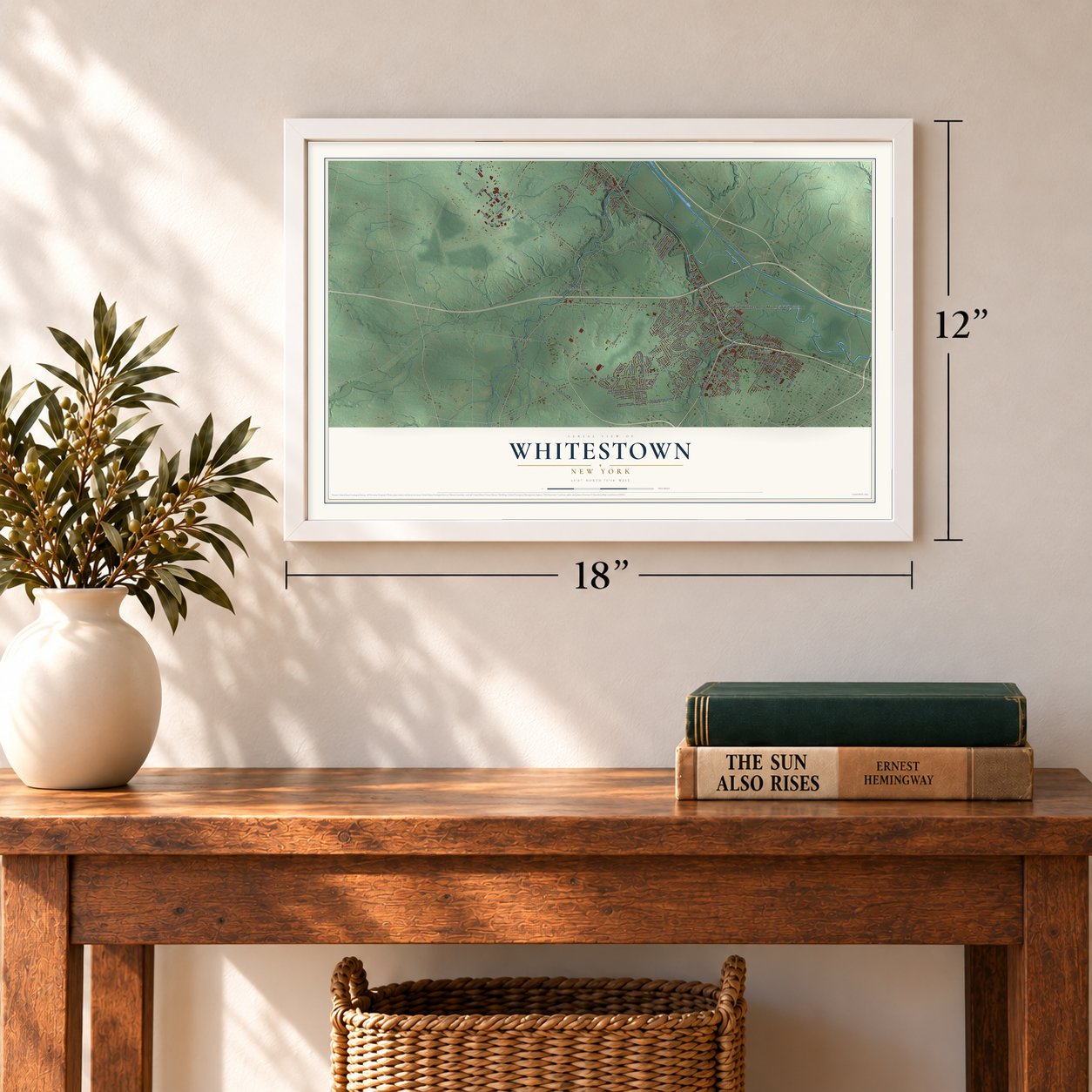 Whitestown, New York map, 12 x 18 inch print in a white frame in an entryway