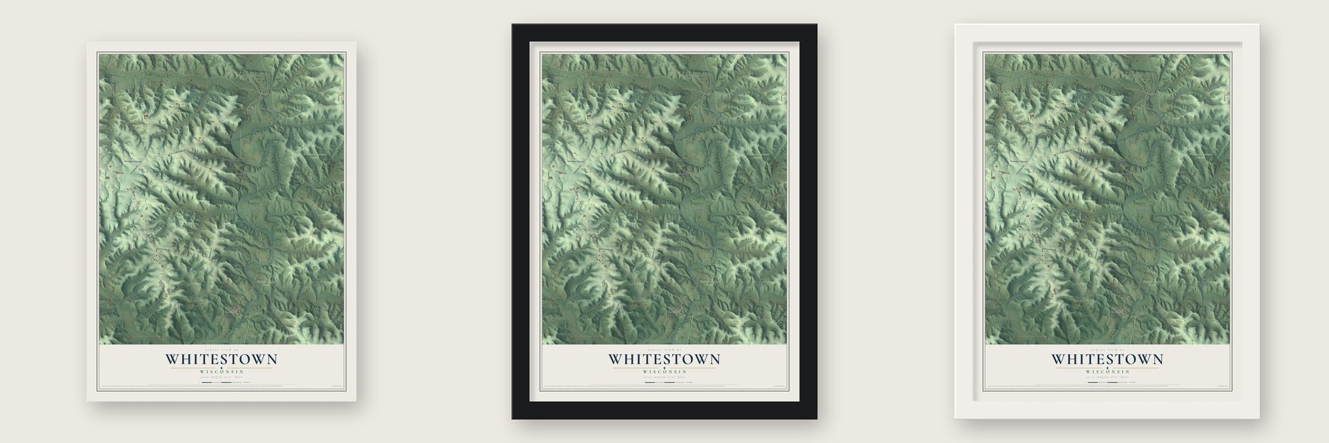 Whitestown, Wisconsin map unframed, in a black wood frame and in a white wood frame