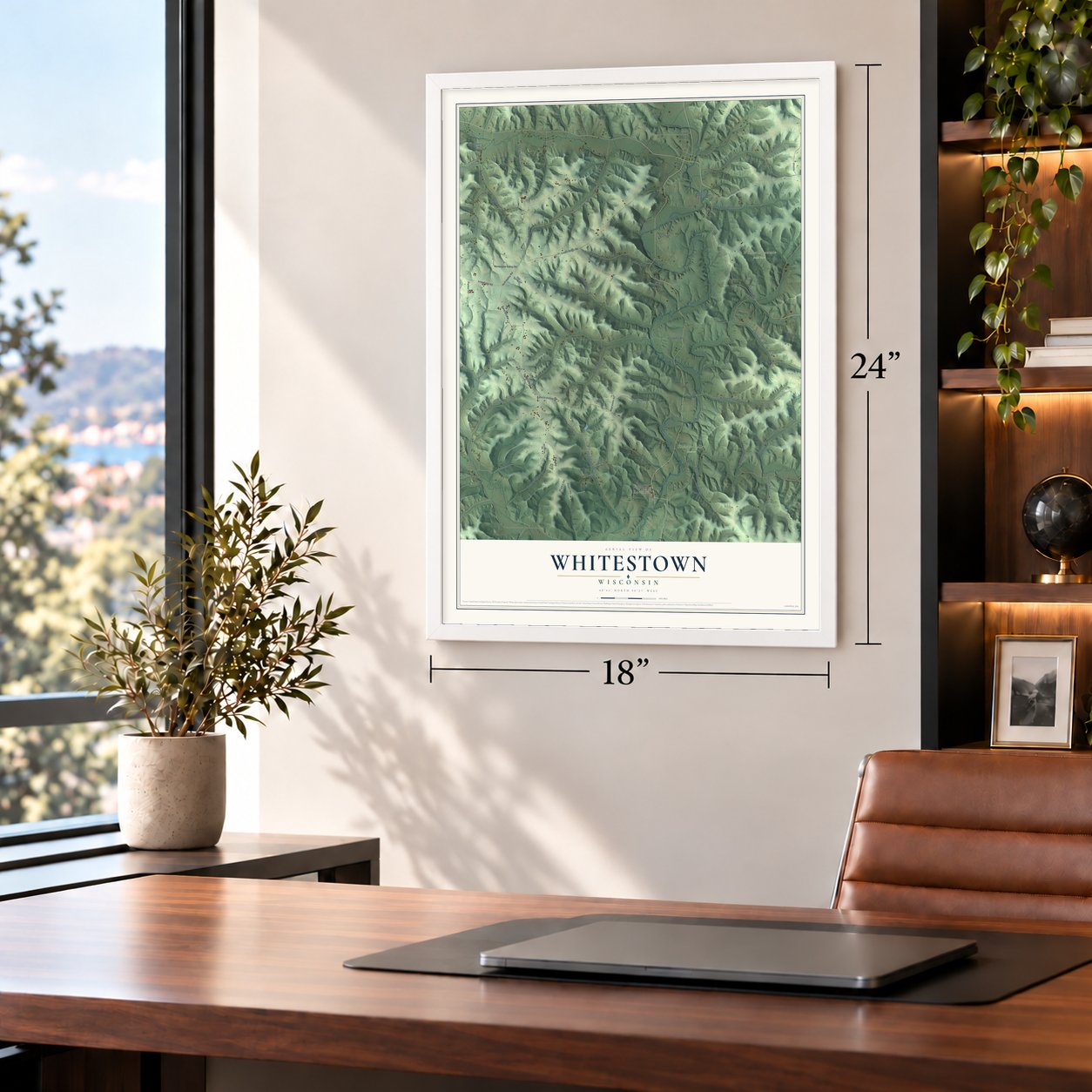 Whitestown, Wisconsin map, 18 x 24 inch print in a white frame in a home office