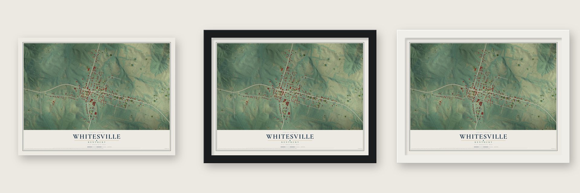 Whitesville, Kentucky map unframed, in a black wood frame and in a white wood frame