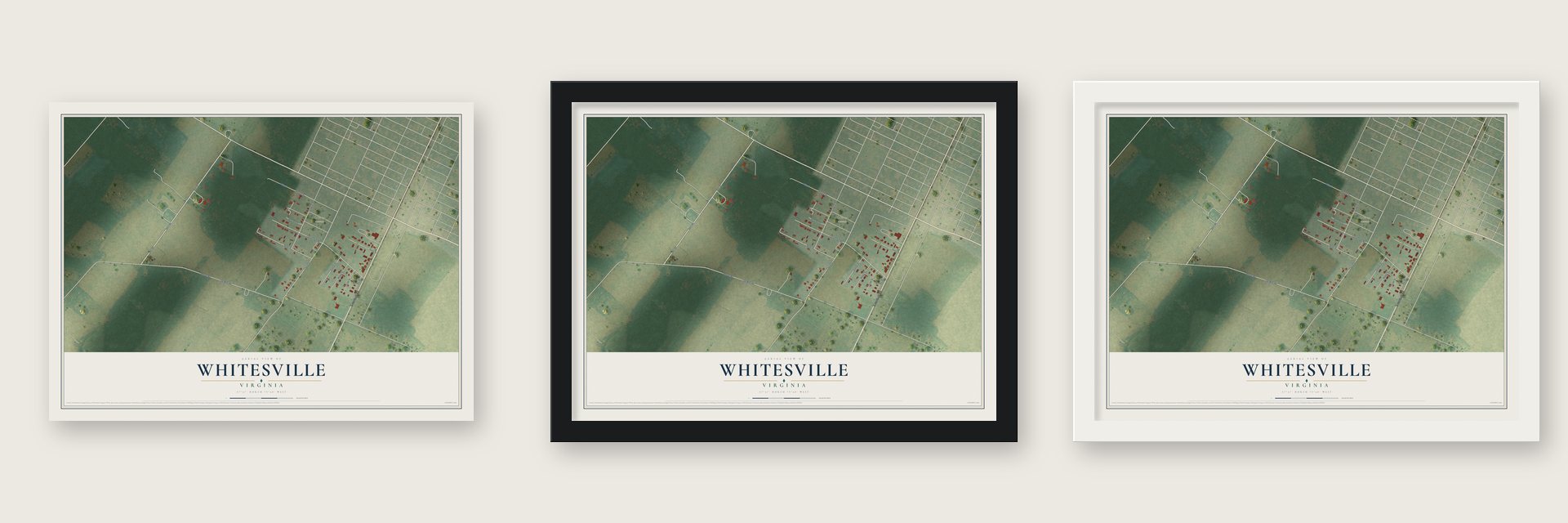 Whitesville, Virginia map unframed, in a black wood frame and in a white wood frame
