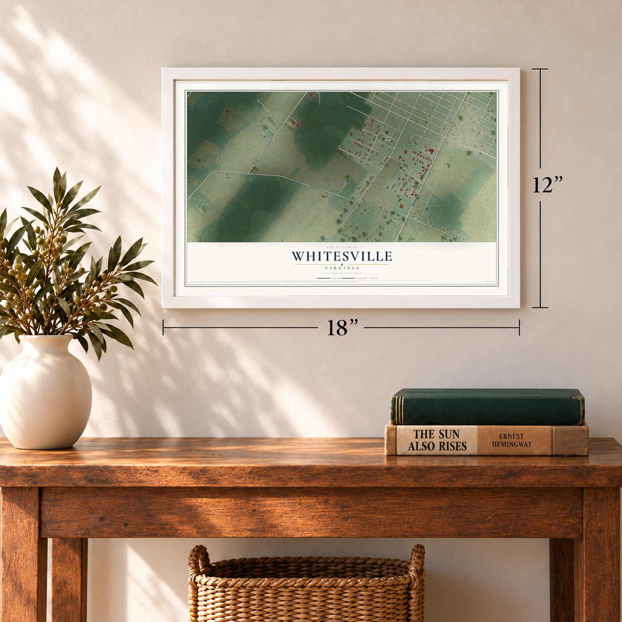Whitesville, Virginia map, 12 x 18 inch print in a white frame in an entryway