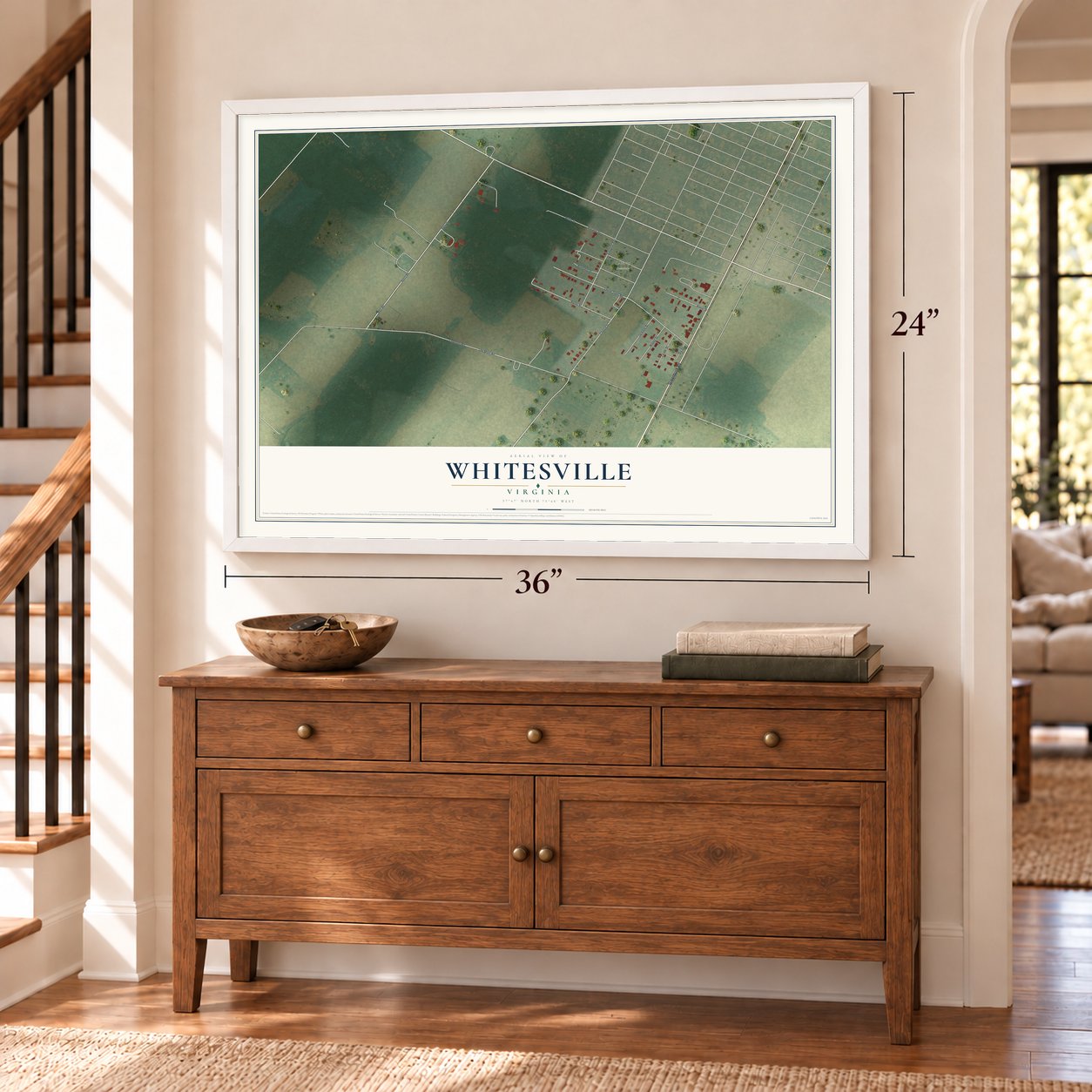 Whitesville, Virginia map, 24 x 36 inch print in a white frame above a dresser by a staircase