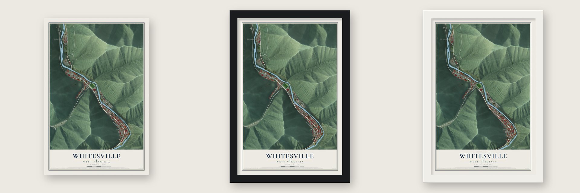 Whitesville, West Virginia map unframed, in a black wood frame and in a white wood frame