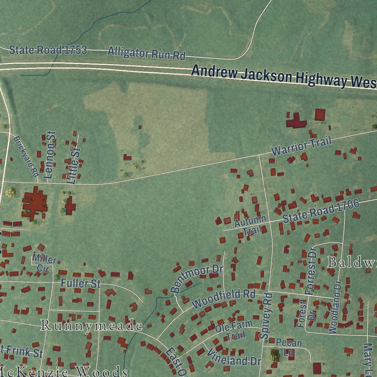 Second close-up of the map of Whiteville, North Carolina print showing more streets and buildings