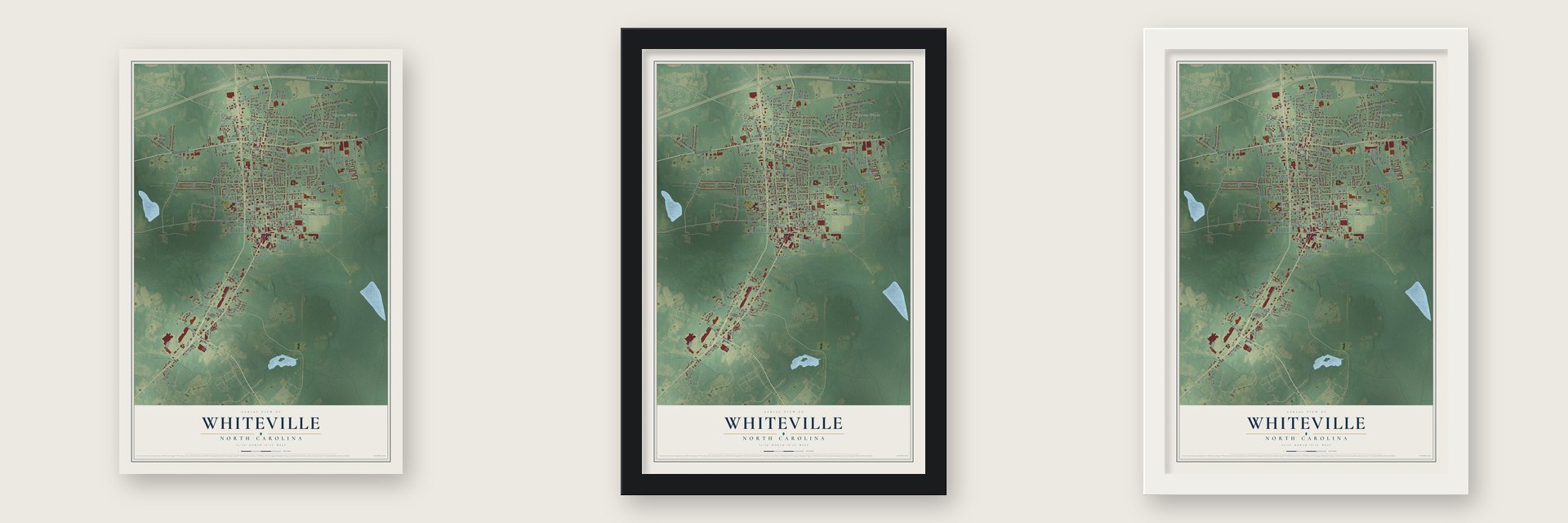 Whiteville, North Carolina map unframed, in a black wood frame and in a white wood frame