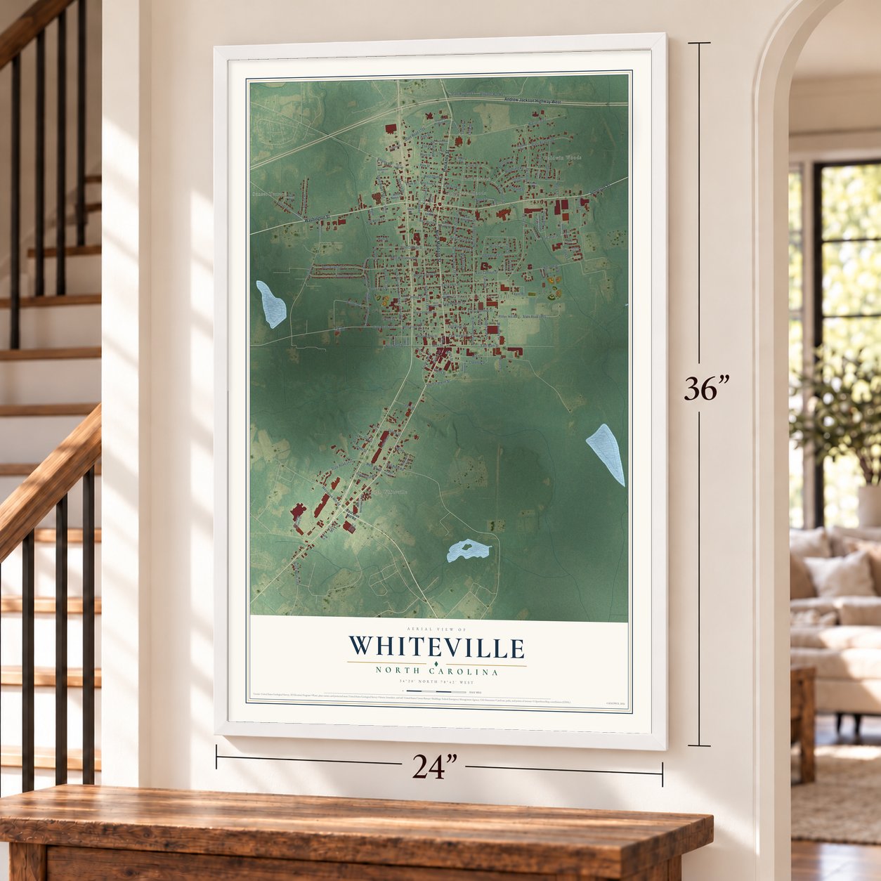 Whiteville, North Carolina map, 24 x 36 inch print in a white frame by a staircase