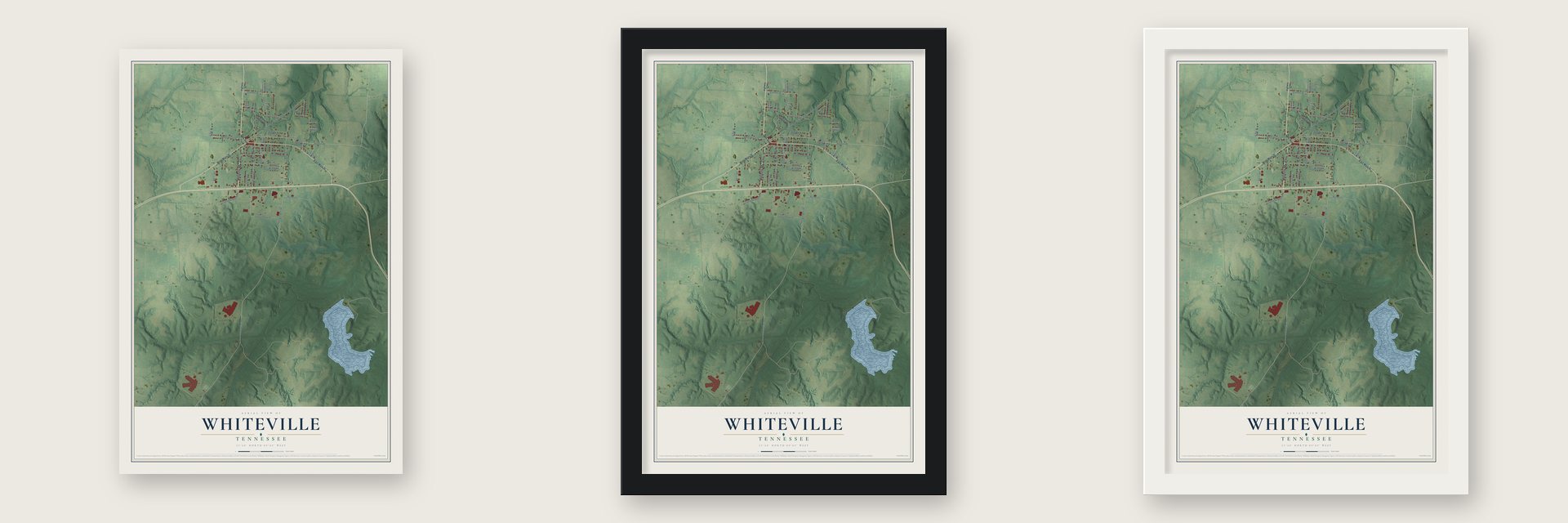 Whiteville, Tennessee map unframed, in a black wood frame and in a white wood frame