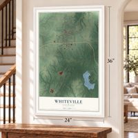 Whiteville, Tennessee map, 24 x 36 inch print in a white frame by a staircase