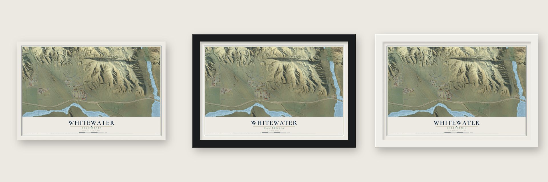 Whitewater, California map unframed, in a black wood frame and in a white wood frame