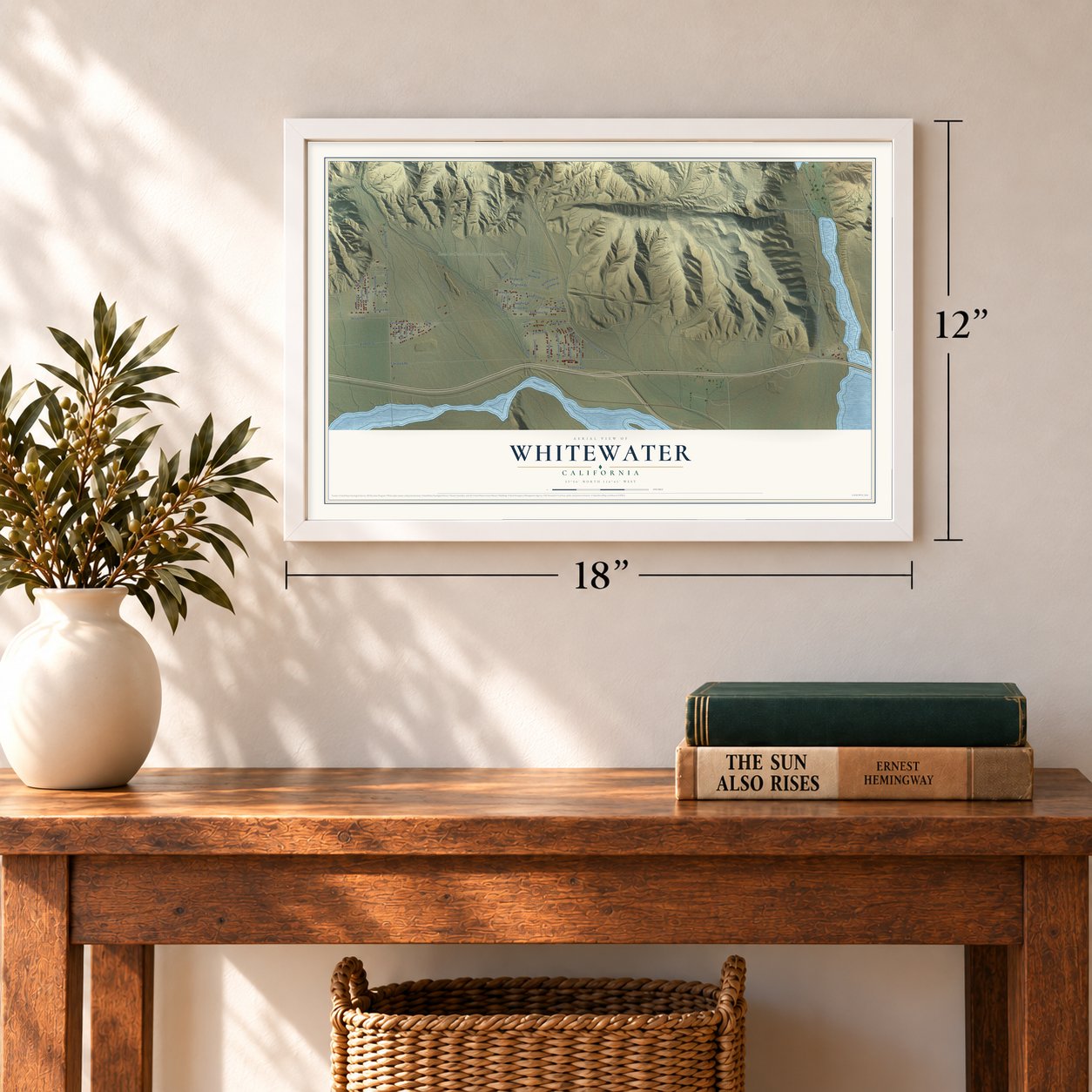 Whitewater, California map, 12 x 18 inch print in a white frame in an entryway