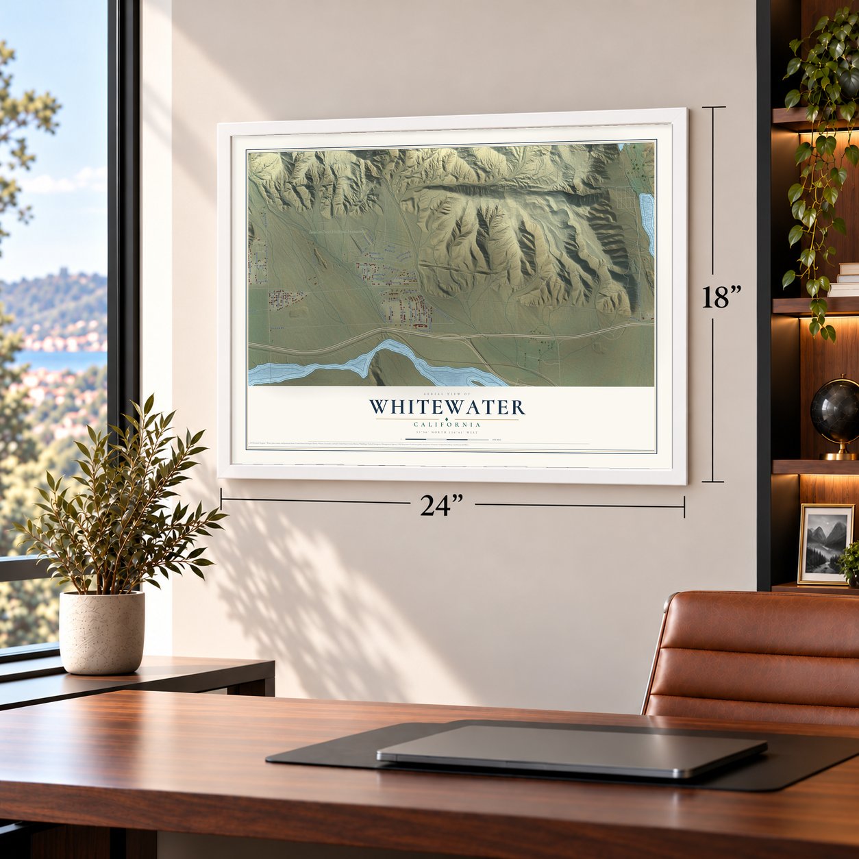 Whitewater, California map, 18 x 24 inch print in a white frame in a home office