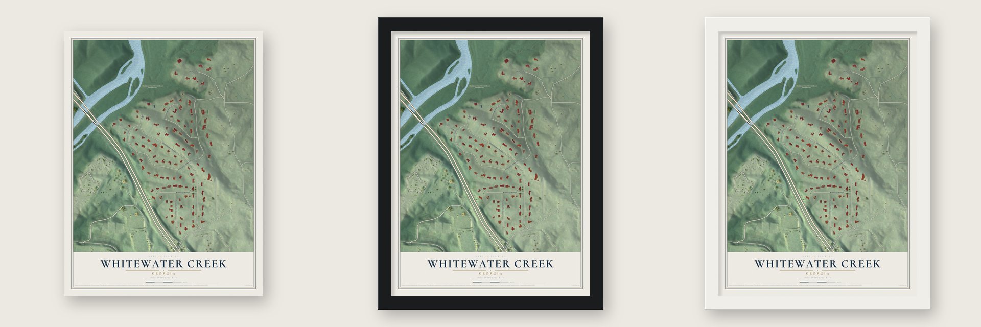 Whitewater Creek, Georgia map unframed, in a black wood frame and in a white wood frame