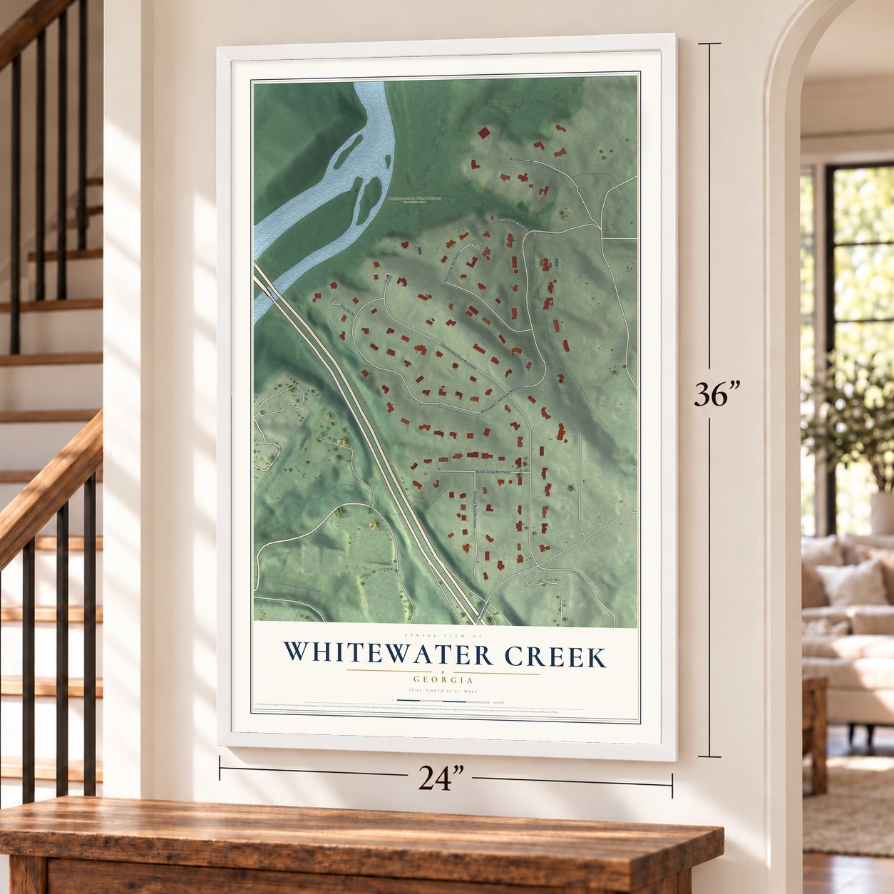 Whitewater Creek, Georgia map, 24 x 36 inch print in a white frame by a staircase