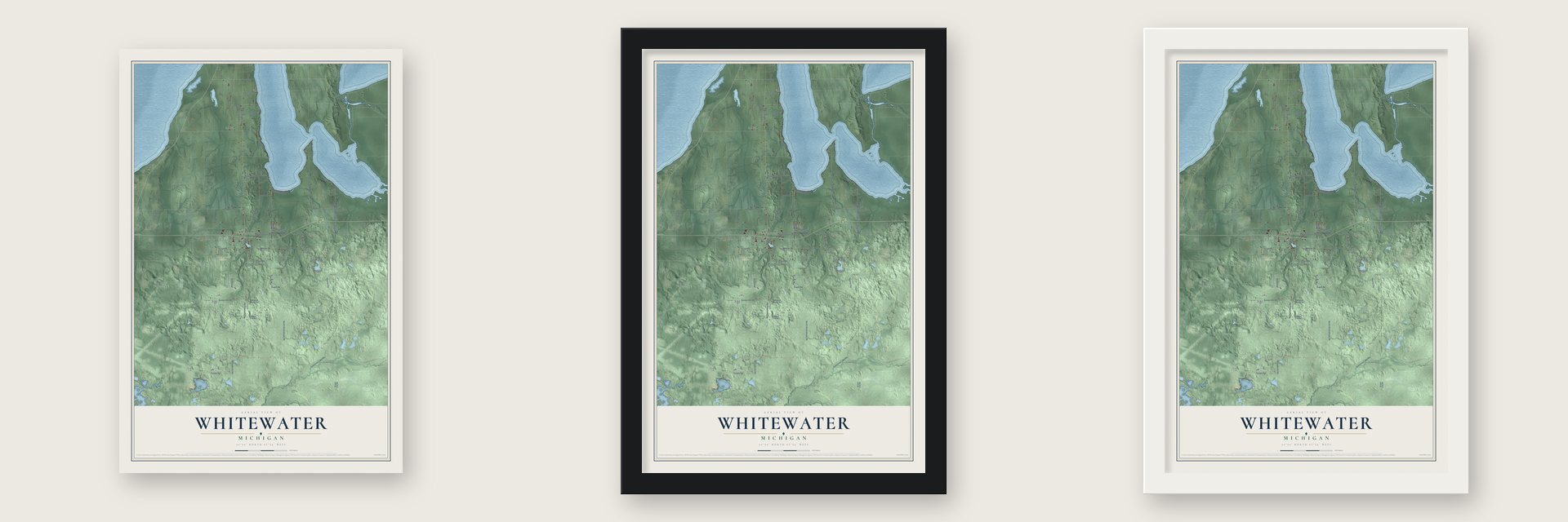 Whitewater, Michigan map unframed, in a black wood frame and in a white wood frame