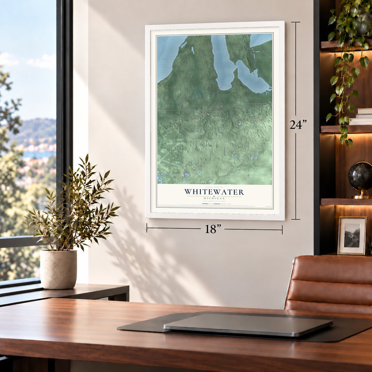Whitewater, Michigan map, 18 x 24 inch print in a white frame in a home office